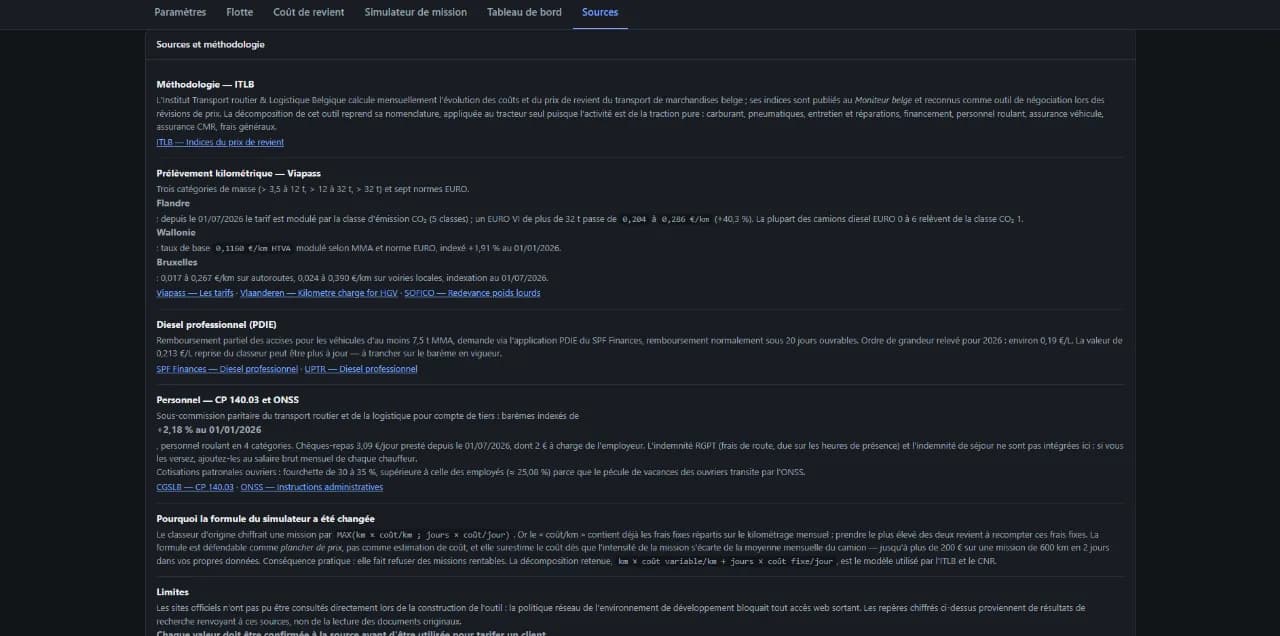 Page des sources et de la méthodologie, avec les références officielles et les limites assumées